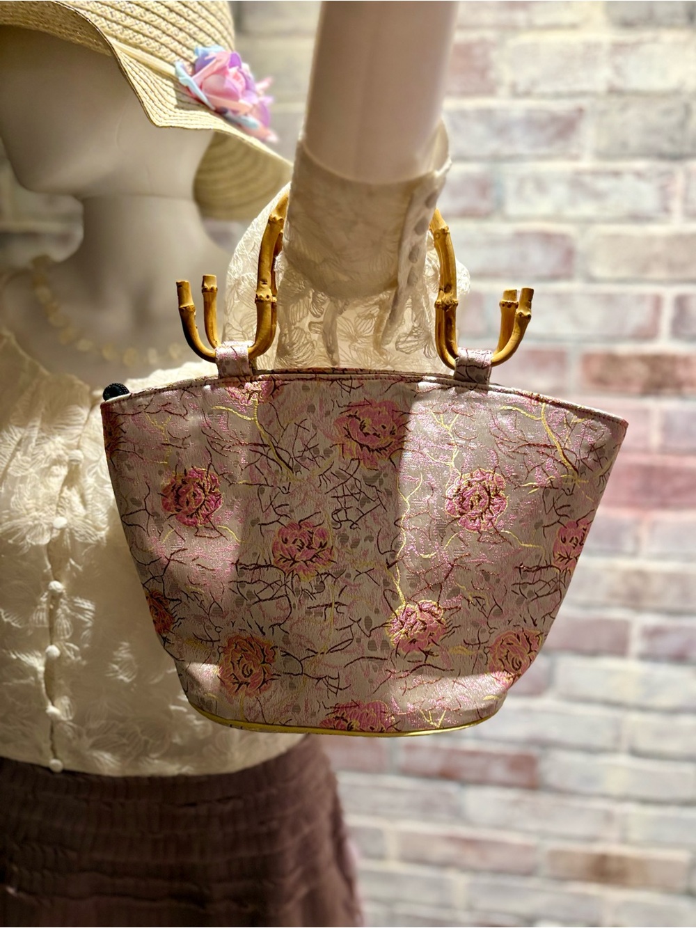 Pink Floral Tote with Bamboo-Style Handles